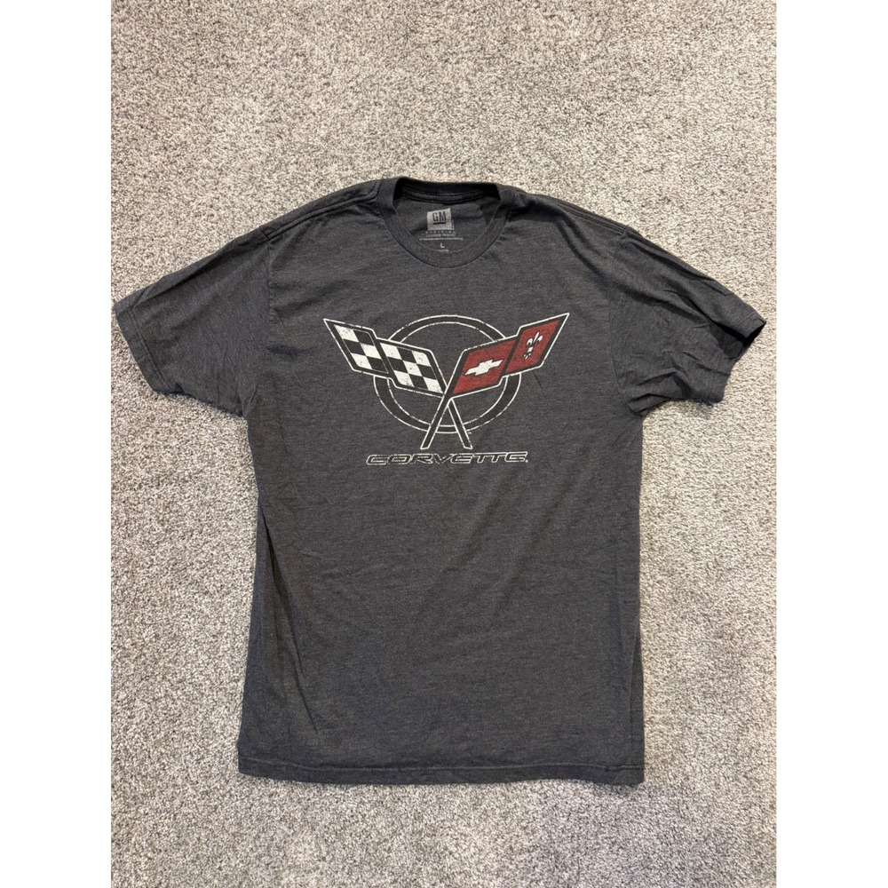 GM T-Shirt Men L Gray Corvette Graphic Distressed Logo Short Sleeve Cotton Blend